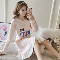 Mùa xuân và mùa thu cotton Hàn Quốc áo dài nữ dài tay tươi và đáng yêu phim hoạt hình cô gái sinh viên đồ ngủ lỏng váy lanh mặc nhà