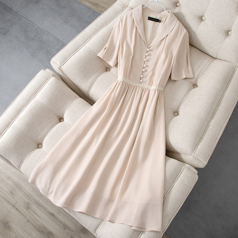 2022 summer new French chiffon dress female OL temperament thin niche mid-length skirt short-sleeved self-cultivation