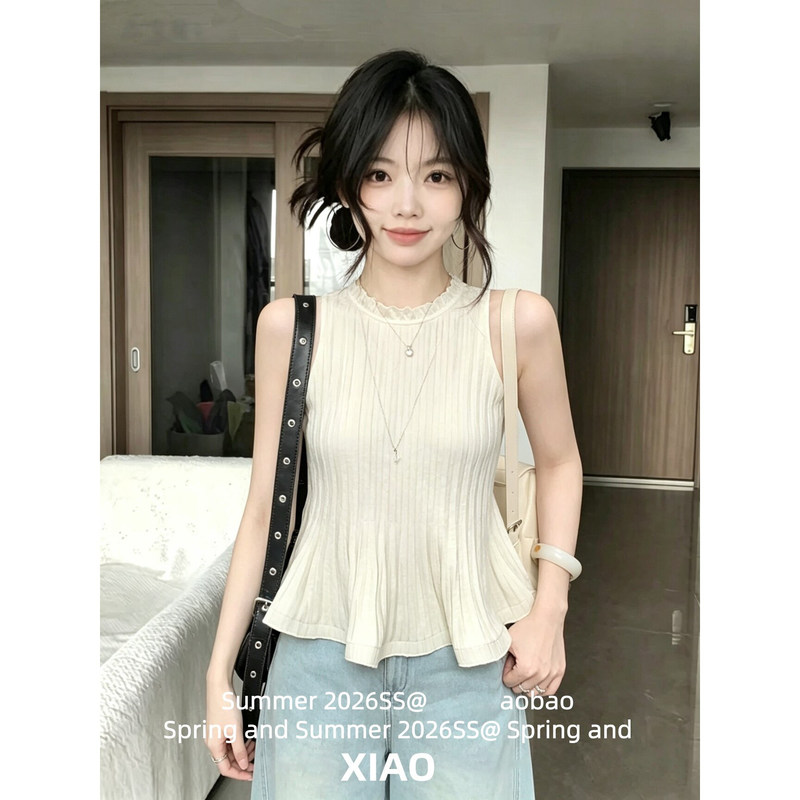 Stylish Ruffled Neckline Sleeveless Knit Top for Women, Summer 2026, Stretchy Cloud-Soft Yarn, Three-Dimensional A-Line Top for Women