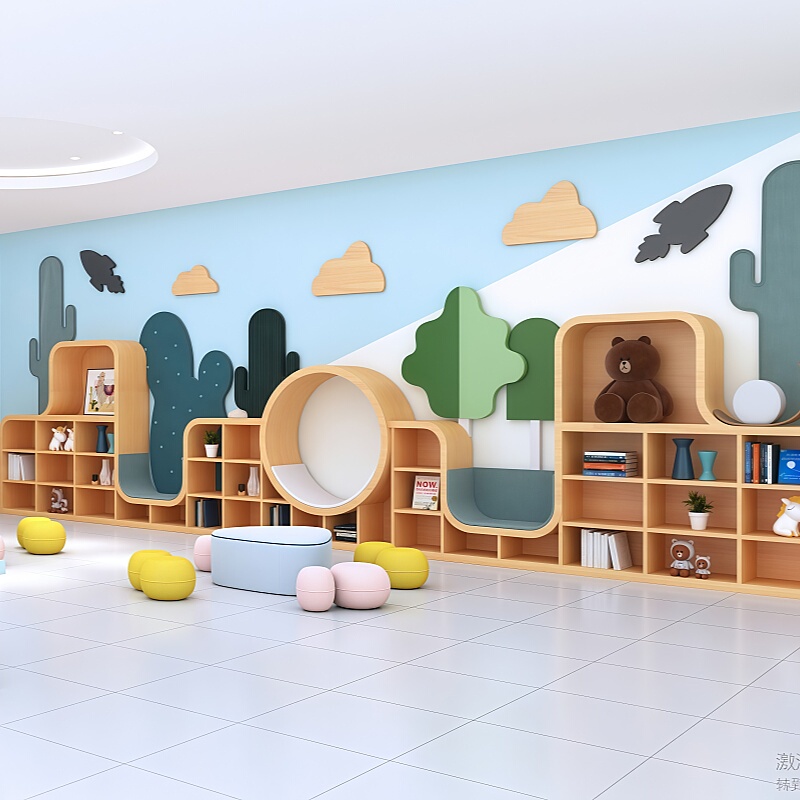 Meishangmei Bookshelf Against the Wall, Kindergarten Bookshelf, Floor-Standing Storage Rack, School Corridor, Children's Community Reading Bookcase