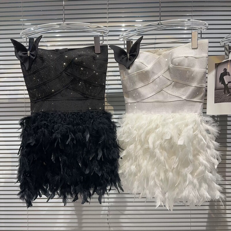 Trendy 2024 Autumn New Sexy Socialite Bow Rhinestone Strap Spliced Feather Tube Top Dress for Women