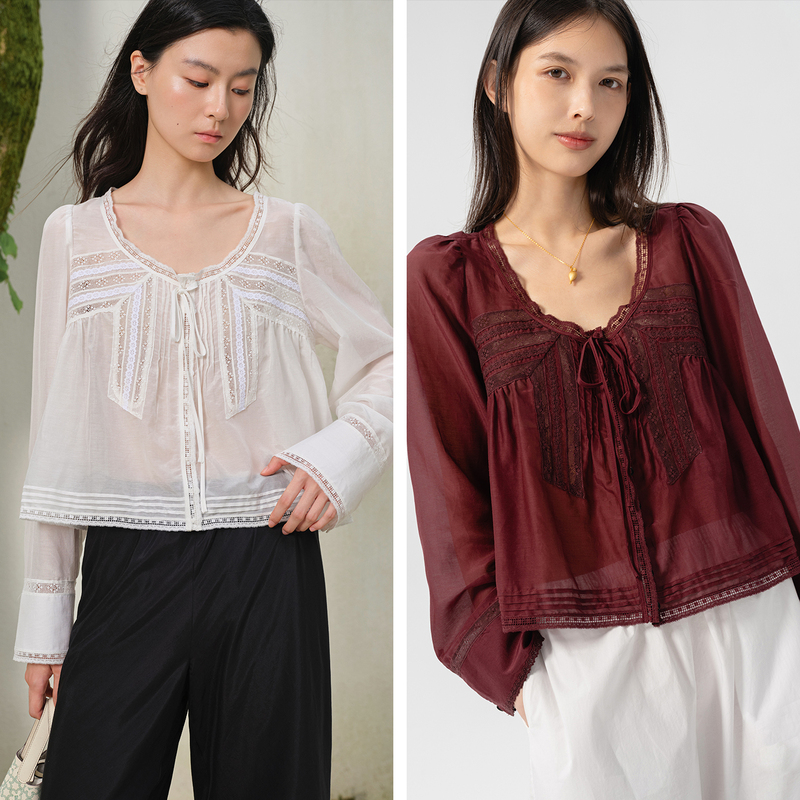 Fpe Romantic Fairy-Like 8mm Silk Cotton Lace Shirt French Lace Top Sun Protection American Style Cover-Up for Petite Figures Fpe Romantic Fairy-Like 8mm Silk Cotton Lace Shirt French Lace Top Sun Protection American Style Cover-Up for Petite Figures
