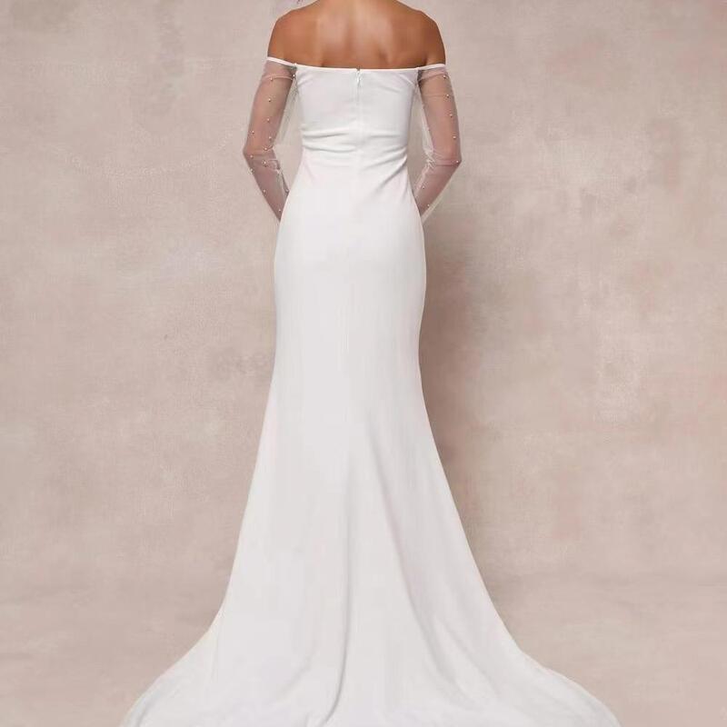 Foreign Trade Lu Brand Light Luxury Wedding Dress with Mesh, Pearls, Long Sleeves, Train, Suitable for Lawn or Church, Sexy Gown, Long Dress Foreign Trade Lu Brand Light Luxury Wedding Dress with Mesh, Pearls, Long Sleeves, Train, Suitable for Lawn or Church, Sexy Gown, Long Dress