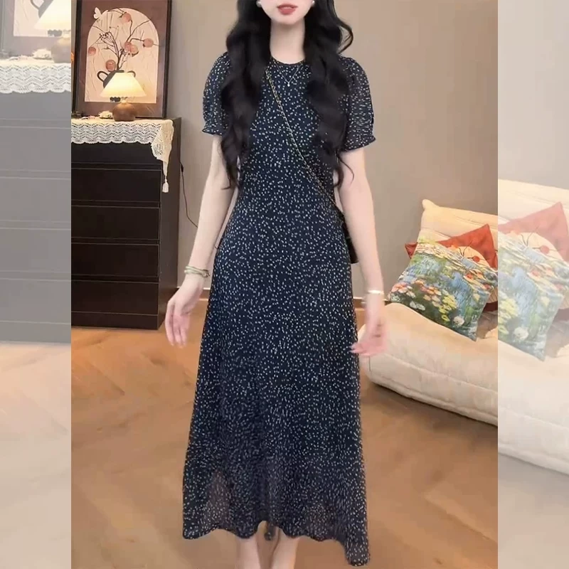 Navy Blue French Floral Dress for Women, Summer 2026 New Style, Puff Sleeves, Waist-Cinching, Slimming, Elegant Vacation Long Dress