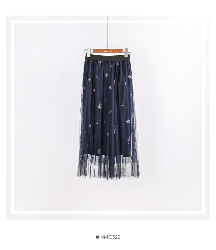 Gió ngọt sequins thêu đầy sao lưới cao eo váy nữ mùa thu và mùa đông đàn hồi eo dài xếp li váy chân váy lụa satin