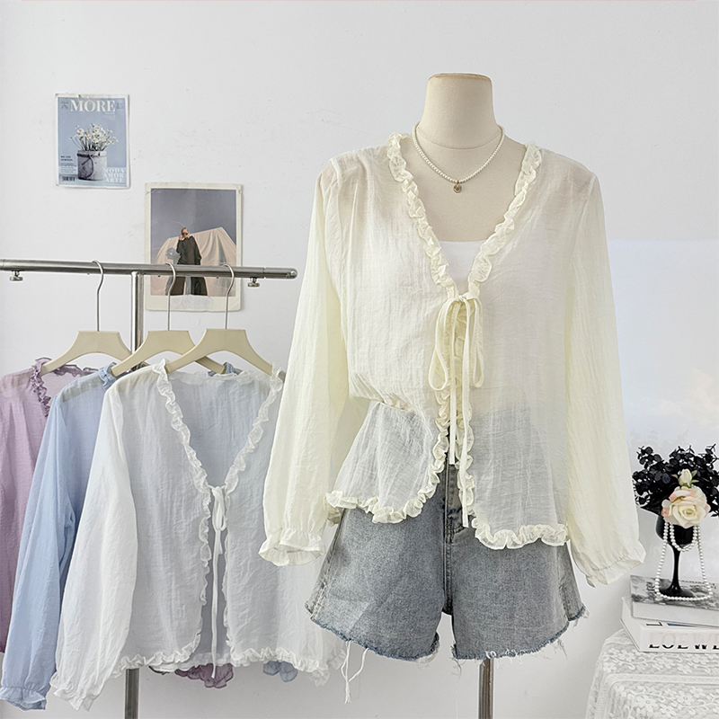 Gentle Style Ruffled Edge Patchwork Bow Tie Sun Protection Cardigan for Women, Spring 2026, Loose Fit, Age-Reducing Outerwear