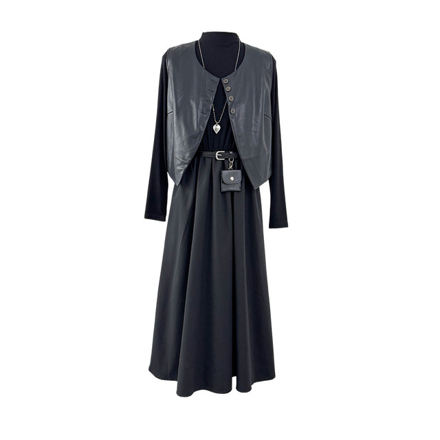 French retro half-high collar knitted splicing long-sleeved dress for women autumn layered PU leather vest two-piece set