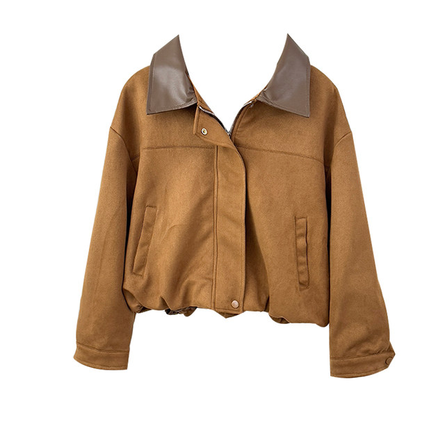 American retro suede contrasting color lapel long-sleeved zipper jacket for women autumn 2025 fashionable age-reducing loose short top