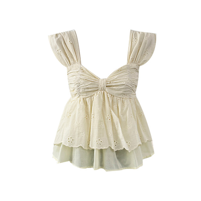 Sweet hottie sexy V-neck ruffle camisole women's summer 2025 embroidered flower hollow pleated skirt top