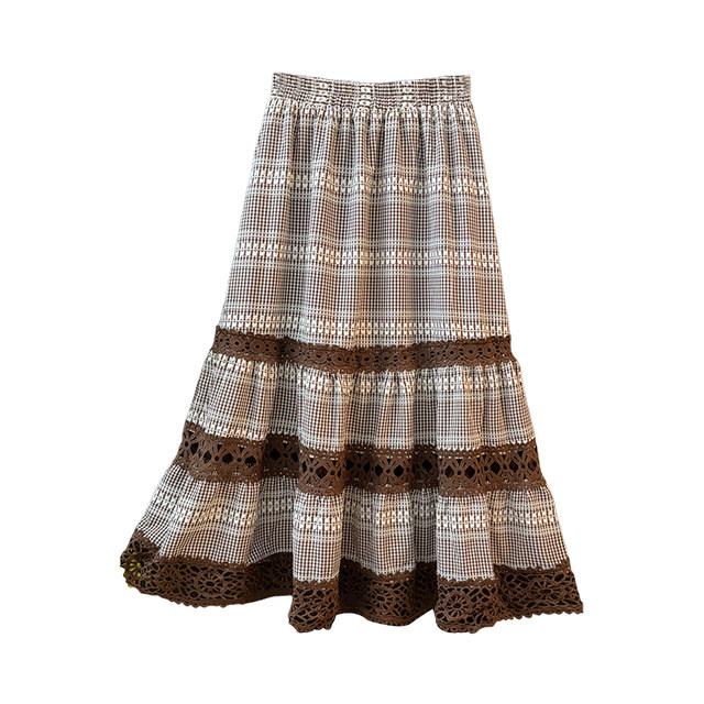 French lace stitching hollow contrast plaid skirt for women autumn 2025 high waist A-line loose cake long skirt