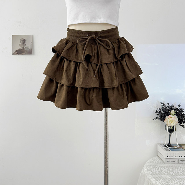 French style ruffled drawstring lace-up puffy skirt summer 2025 hot girl pleated A-line tiered cake skirt
