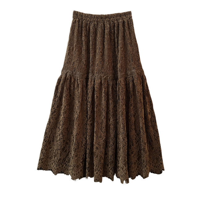 French Elegant Hollow Hook Lace Skirt Women's Autumn 2025 High Waist A-Line Pleat Loose Swing Skirt
