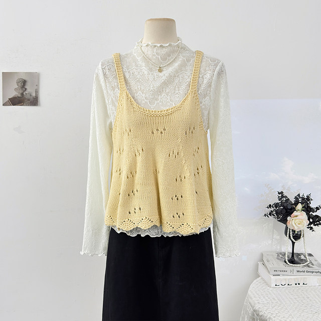 Gentle wind ear-hemmed half-high collar long-sleeved lace shirt for women spring 2026 layered hollow knitted camisole suit