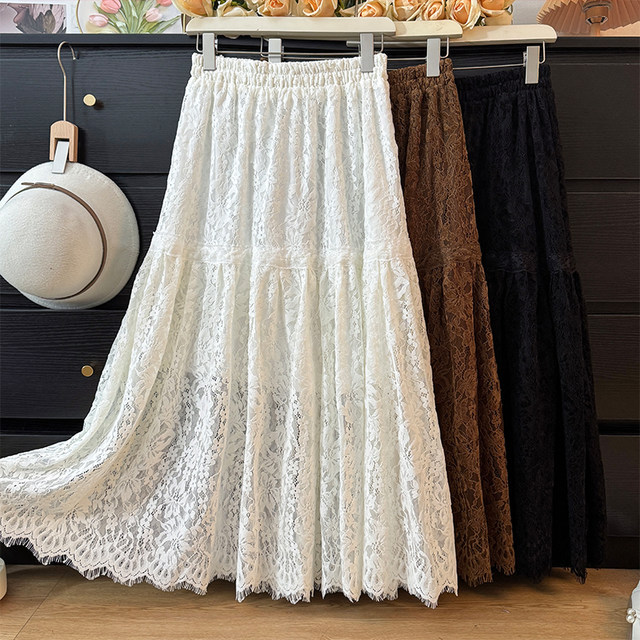 French Elegant Hollow Hook Lace Skirt Women's Autumn 2025 High Waist A-Line Pleat Loose Swing Skirt