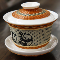 Bamboo silk buckle porcelain panda cover Bowl Tea Cup Sichuan non-heritage porcelain body bamboo hand-made gift conference to send guests