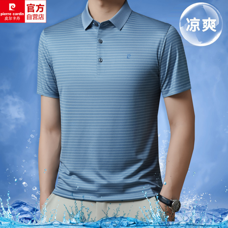Pierre Cardin Silk Short-Sleeve T-Shirt for Men, Summer, Middle-Aged, Striped, Ice Silk, Half-Sleeve, Silk Polo Shirt, Thin