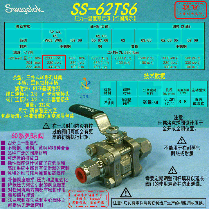 (SS-62TS6)Swagelok Ball Valve Reinforced PTFE Seat 3 8 in Tubing