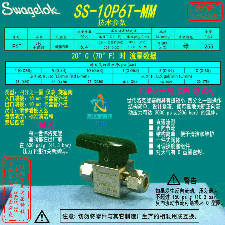 (SS-10P6T-MM) Swagelok 1 4-turn Instrument plug valve 10mm Tubing