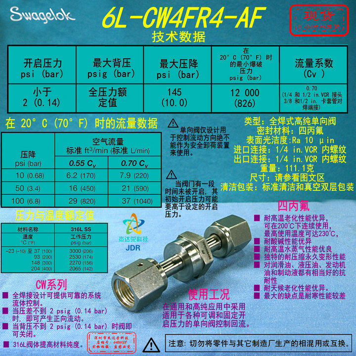 (6L-CW4FR4-AF)Swagelok High Purity Check Valve 1 4 in Male VCR