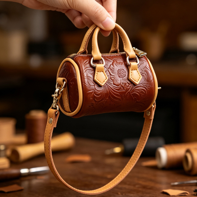 Fango Tangcao Pattern First-Layer Cowhide Mini Boston Coin Purse Women's Handmade Genuine Leather Storage Hanging Bag Fango Tangcao Pattern First-Layer Cowhide Mini Boston Coin Purse Women's Handmade Genuine Leather Storage Hanging Bag