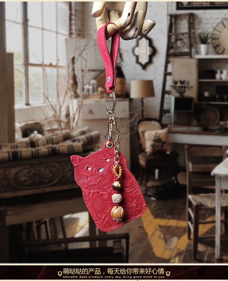 Thẻ da handmade set lớp đầu tiên da bò dễ thương phim hoạt hình gói thẻ thẻ xe buýt tàu điện ngầm thẻ holster đa chức năng keychain ví nữ