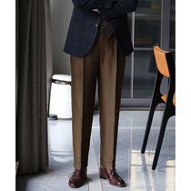 Autumn and winter full wool brown corduroy high waist trousers mens double pleated