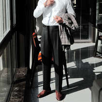 Spring full wool dark gray twill high waist trousers mens double pleated Italian Napoli