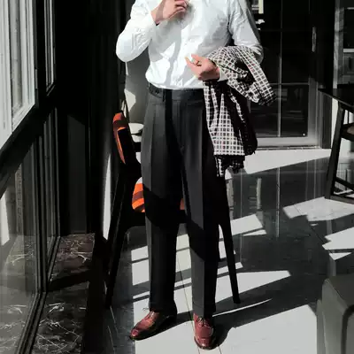 Spring full wool dark gray twill high-waisted trousers men's double pleated Italian naples