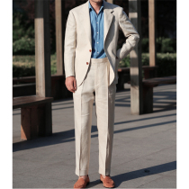 Summer model beige linen suit men napoli waterfall sleeve Italian half clip suit 3 button 2