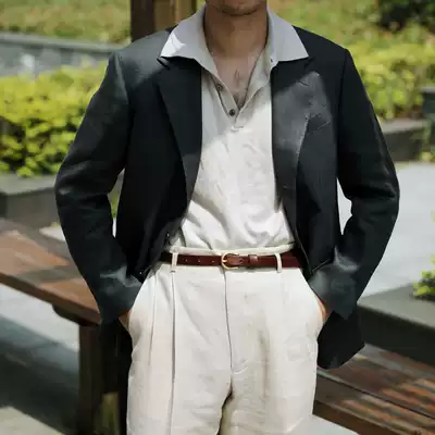 Summer dark dark green linen half linen lined suit men waterfall sleeve Italian half clip suit 3 Buckle 2