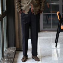 Autumn and winter full wool dark navy blue high waist trousers mens double pleated