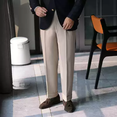 Autumn and winter dark beige full wool high waist trousers men's double pleated Italian Napoli