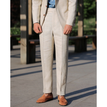 Summer model beige linen trousers mens high waist small straight single pleated trousers Naples Paris buckle