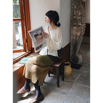 White drawing Lost Forest retro elegant merino wool color stitching high waist elastic skirt women