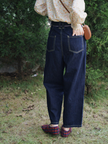 White drawing Japanese retro original design temperament thin primary color Denim lace-up straight trousers wide leg pants women