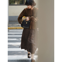 Line Classical French retro gentle temperament Cold Gold tea lace-up doll shirt long sleeve shirt