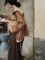 White drawing deciduous Sycamore French retro niche color design Navy lapel lace loose jacket