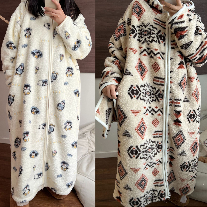 Ankle-Length Extra-Long Warm and Thick Coral Fleece Nightgown for Women, Winter Plus-Size Sleepwear for Pregnant Women, Long Dress Loungewear