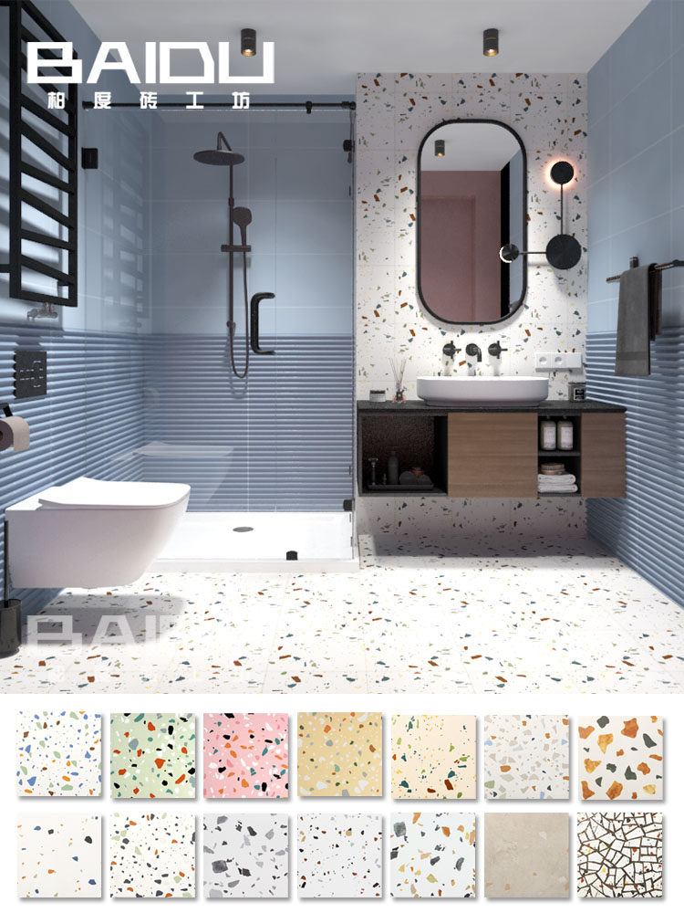 Bai Du small fresh net red color terrazzo Nordic Macaron powder room tiles Kitchen non-slip floor tiles 300