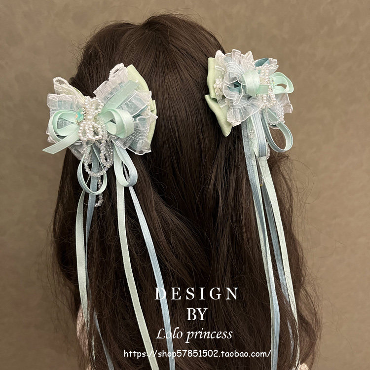 "The Wizard of Oz" Lolita Mint Green Lace Sweet Hair Accessory Handmade Crystal Chain Bow Long Flowing Clip