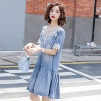 Sandro Beytagh short sleeve denim lace dress with dress 2022 Summer style Loose Lady Retro Denim Dress