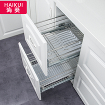 Kitchen cabinet pull basket 304 stainless steel double buffer drawer type dishes pull basket damping bowl rack drain rack