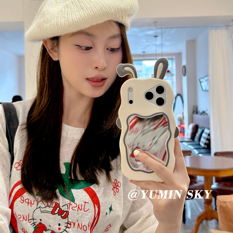 Yumin Sky | Cute Bunny Ear Mirror Case Suitable for iPhone 16 Pro Max, Apple 17, 11 Silicone, 15 Personalized Plus New Model 14 Pro Anti-Drop 13 Pro Female 12 Pro Soft Case