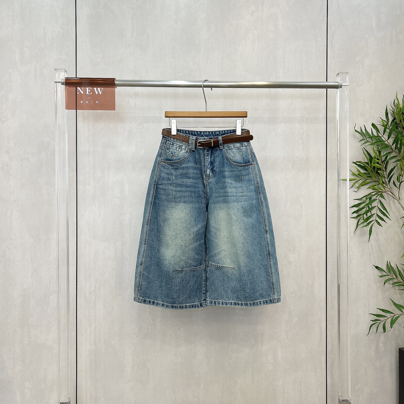 European Style Spring and Summer High-Waisted Vintage Washed Blue Wide-Leg Slimming Denim Shorts for Women 26668