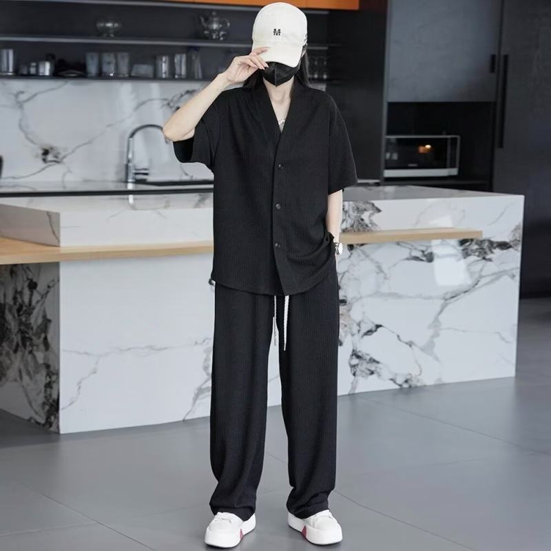 My Summer High-End V-Neck Casual Suit for Men and Women, Fashionable and Versatile, Simple Solid Color Short-Sleeved Long Pants Two-Piece Set