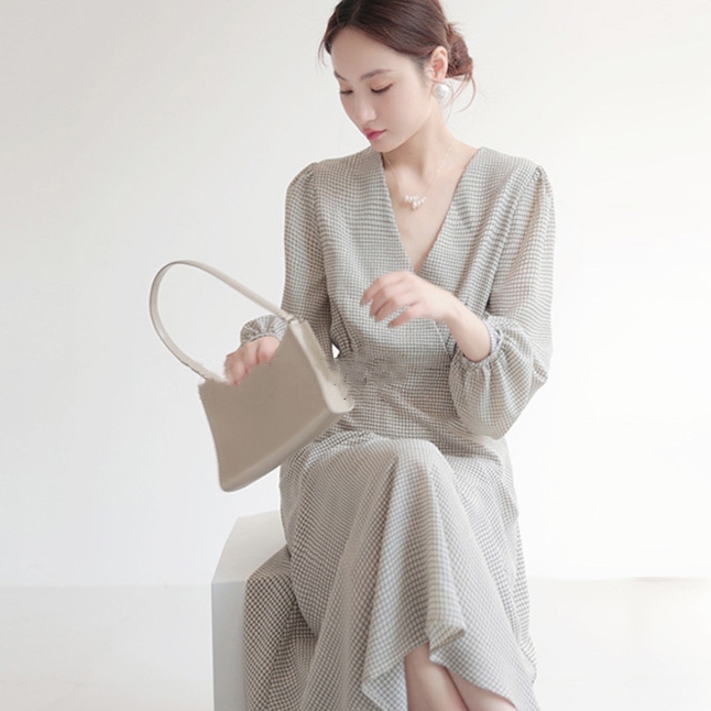 免烫垂坠法式格纹连衣裙 