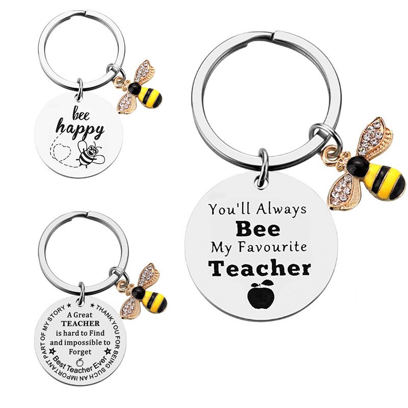Teacher's Day Teacher Mentor Commemorative Gift Creative European and American Style a Great Teacher Stainless Steel Keychain Bee