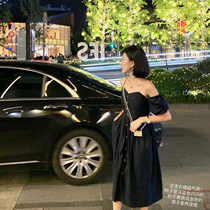 tina mid-length one-word collar suspenders puff sleeves two-wear skirt womens summer temperament vintage dress