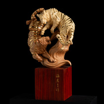 Creative Chinese living room wood carving tiger pendulum piece engraving handicraft solid wood handlebar piece raw Xiao Fu Fu in Xiang Xiang
