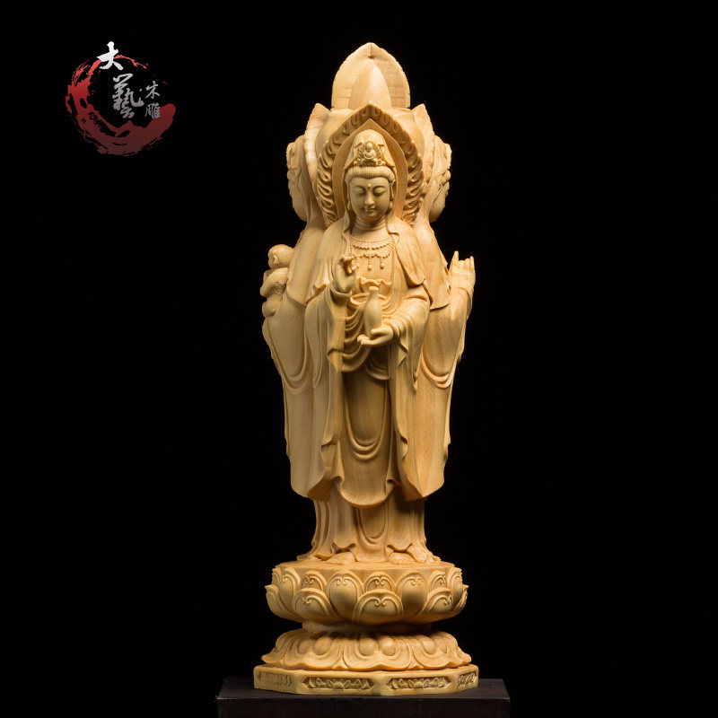Boxwood carving family worship town house solid wood to protect peace living room decorations carving crafts Bodhisattva Guanyin Buddha statue